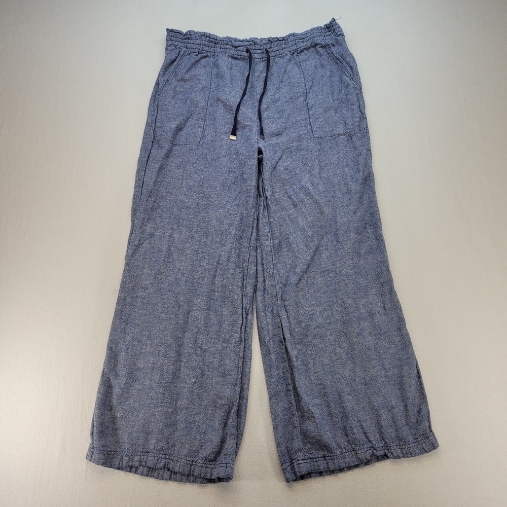 Time and Tru Wide Leg Pants Womens L Blue Casual Linen Blend Drawstring Pockets